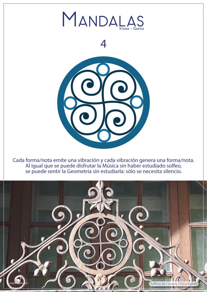 Lauburu, patron geométrico de 4 lóbulos en las rejas de forja de las ventanas del edificio de Correos.