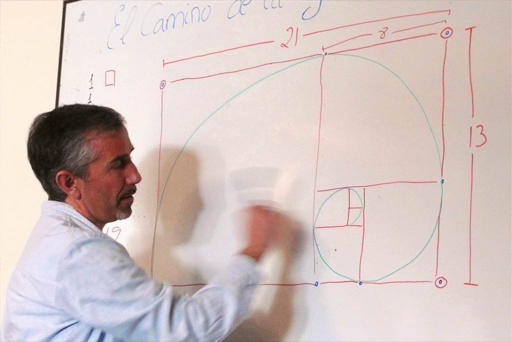 El autor dibujando una espiral en la pizarra