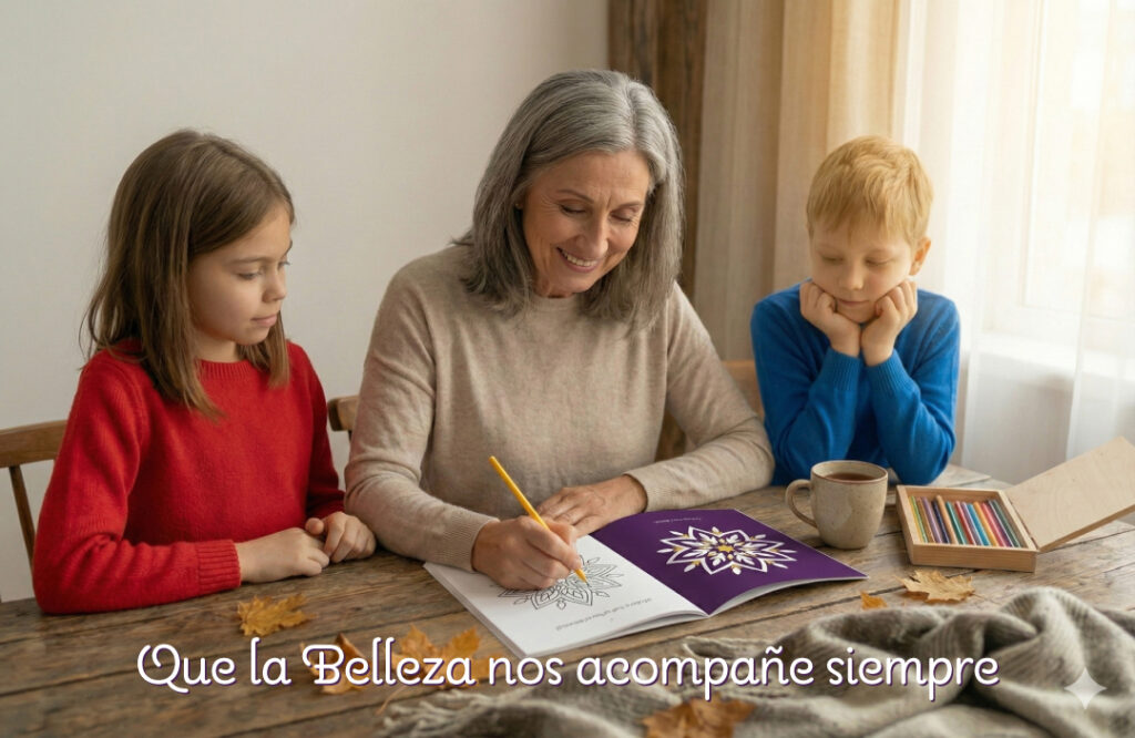 Señora con sus 2 nietos pintando el libro de Mandalas y ArteTerapia: regalos de calma para nuestros mayores