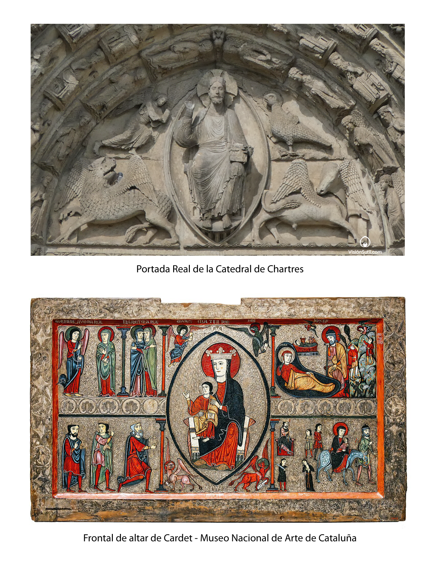 Mandorla medieval con Cristo Pantocrátor en la catedral de Chartres y la iglesia de Cardet.